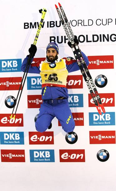 La gioia di Martin Fourcade, francese, alla coppa del mondo di biathlon a Ruhpolding, in Germania (Getty Images)